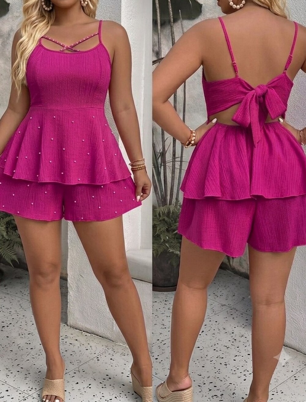SHEIN Fuchsia Pearl Tiered Romper Open Back Peplum 2XL 3XL